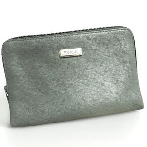 FURLA Leather Cosmetic Bag Makeup Case - Sage Green-Gray